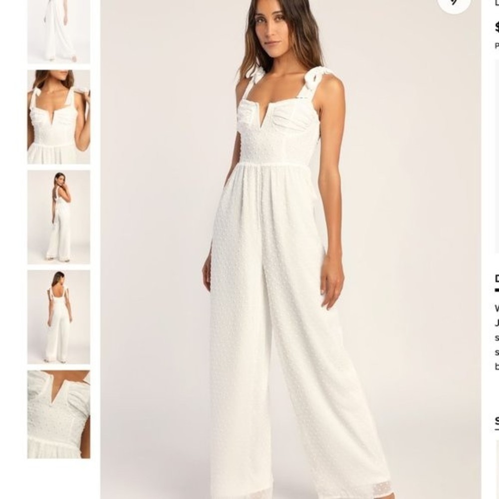 LULU'S You're Still The One Ivory Swiss Dot Tie-Strap Jumpsuit Size Medium